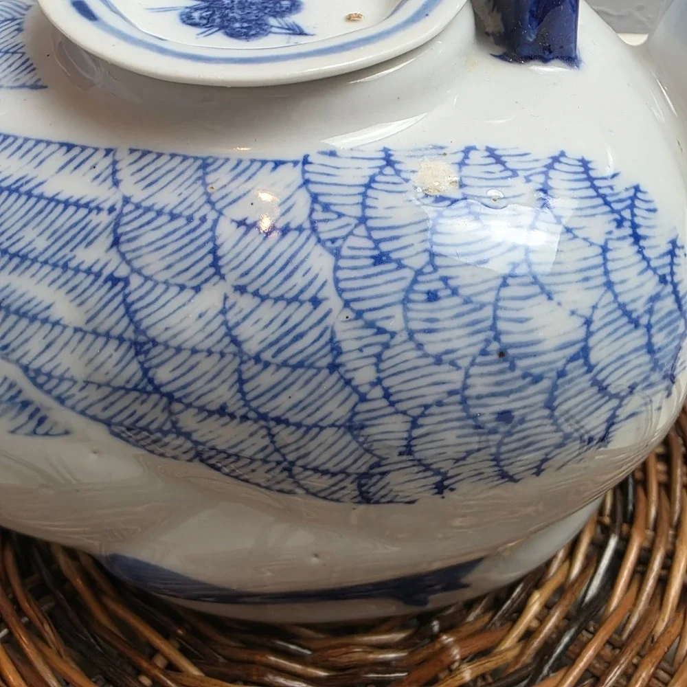 Vintage Blue White Ceramic Duck Teapot‎ Lid Handle Handpainted Made in China
